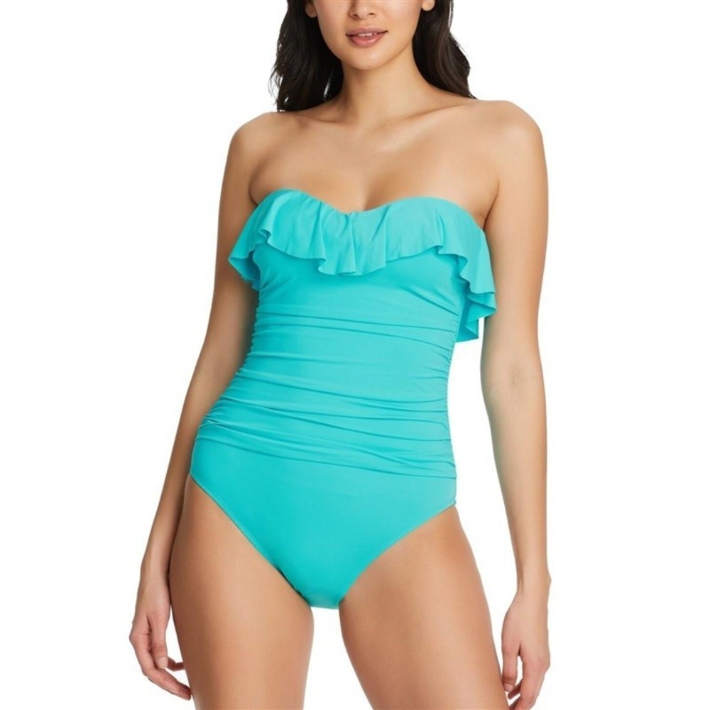 NWT Bleu Rod Beattie 12 Shirred Ruffle Bandeau Mio 1PC Swimsuit Blue 130373